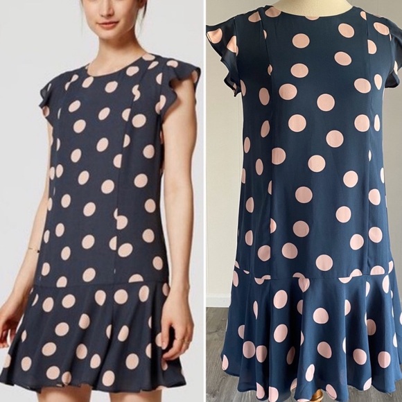 LOFT Dresses & Skirts - ANN TAYLOR LOFT SMALL PETITE TEAL CREAM POLKA DOTS RUFFLE HEM SLEEVES